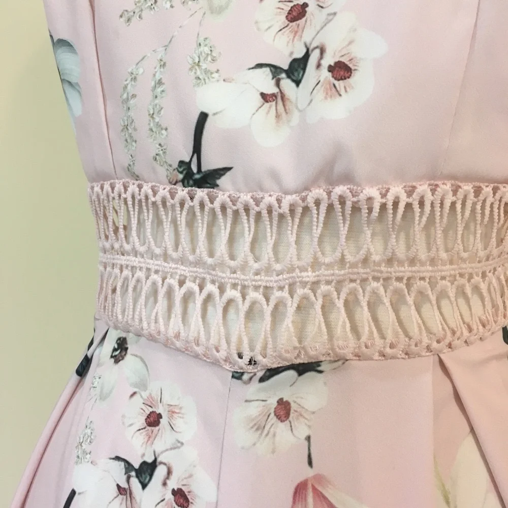 Open Crochet Midriff Blush Floral Cami Romper - Picture 3 of 4